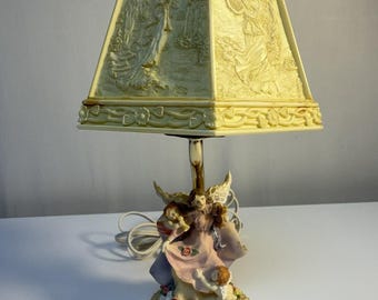 Vintage Angel Table Lamp Cherub Figurine APEX 1998 Relief Shade 12” Works