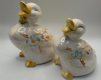 Vintage Weiße Gans Figuren Paar irisierende Porzellan Bauernhaus Dekor