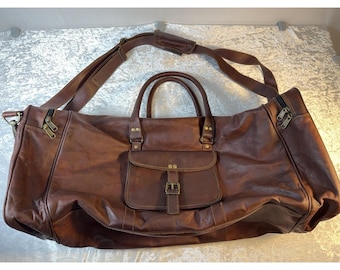 Vintage Handmade Leather Duffle Bag 27" Brown Weekender Travel Carryall