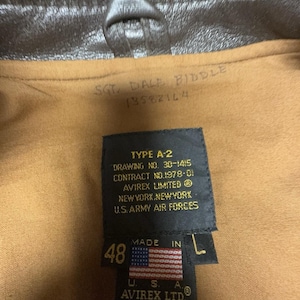 Vintage Avirex A-2 Bomber Flight Jacket Men’s 48 USA Goatskin Leather image 5