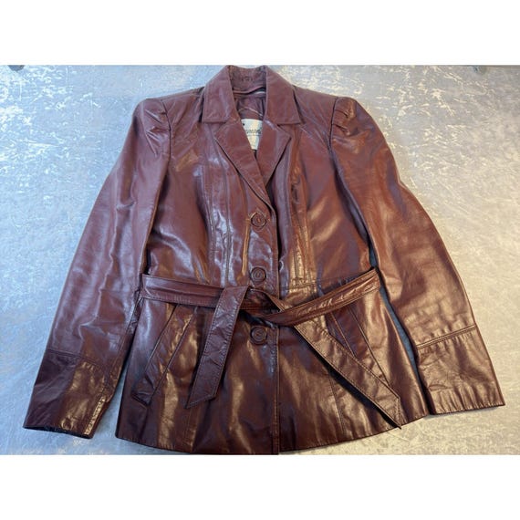 Bermans Vintage Womens Leather Jacket Size 8 Burgundy Belted Peplum 70s Boho