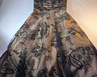 Vintage Trägerlose Spitze Overlay Abendkleid 10 Schwarz Gold Fairycore Formelle Party