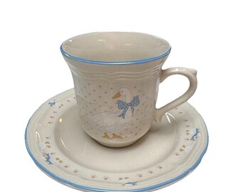Brickoven Stoneware Goose Cup & Saucer Set Blue Trim Country Farmhouse