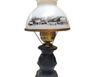 Vintage Currier & Ives Electric Hurricane Lampe Milchglas Gusseisen 20,5 ”