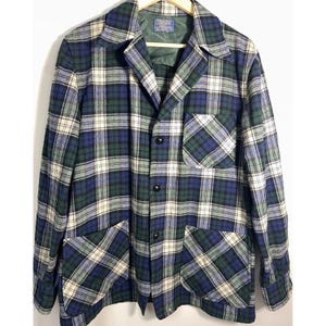 Pendleton Vintage Wool Plaid Chore Jacket Blue Green USA Men's M image 1
