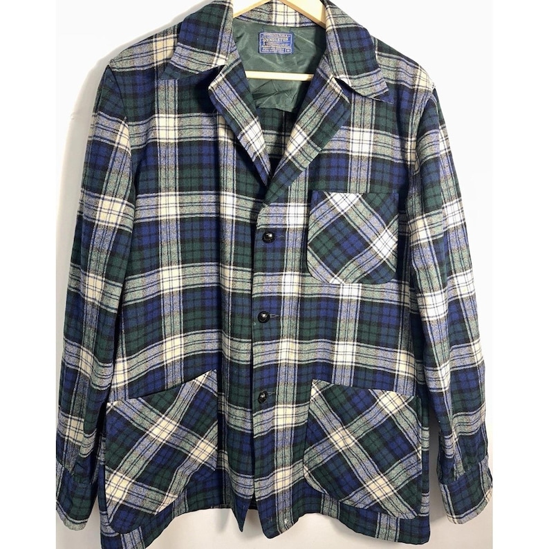 Pendleton Vintage Wool Plaid Chore Jacket Blue Green USA Men's M image 1