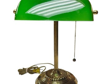 Vintage Green Bankers Lamp Brass Desk Light Pull Chain Classic Library