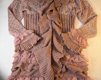 Cárdigan de punto con volantes estilo Y2K Coquette, encaje, hada, grunge, bohemio, rosa, talla XL