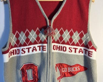Ohio State Buckeyes Vintage Knit Sweater Vest Zip Front Argyle XL