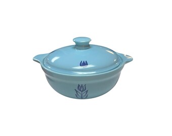Vintage Dake Oven USA Blue Tulip Covered Casserole Steinzeug MCM