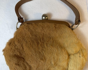 Vintage 70's L Booney Real Kangaroo Fur Handbag Brown Clasp Purse Y2K Top Handle Bag