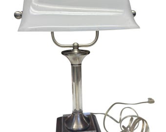 Vintage Bankers Desk Lamp 17” White Glass Shade Brushed Metal Tested