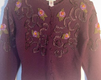 Vintage Susan Bristol Wool Cardigan 90s Hand Embroidered Floral Boho S