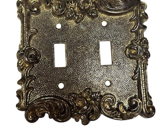 ヴィンテージ装飾真鍮製ダブルトグルスイッチプレート 5x5 バロック様式