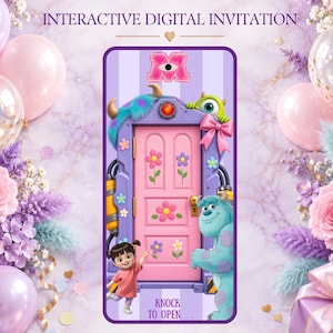 May include: An interactive digital invitation featuring a pink door decorated with flowers, flanked by a blue furry monster and a small child. The design includes the text 'INTERACTIVE DIGITAL INVITATION', 'KNOCK TO OPEN...', and 'Tap To Open' in purple.