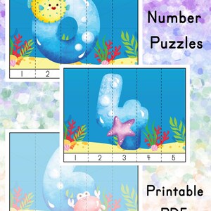 May include: Printable number puzzles for kids featuring underwater scenes with a blue background. The numbers are made of blue bubbles with a sea creature inside each number. The numbers are 0, 4, and 6. The text "10 Number Puzzles" and "Printable PDFs" is also included in the image.