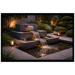 Puede incluir: Fuente de agua exterior escalonada. La fuente es de piedra gris y presenta múltiples niveles con agua que fluye hacia una pequeña piscina. La escena está iluminada por una luz suave y rodeada de vegetación y faroles.