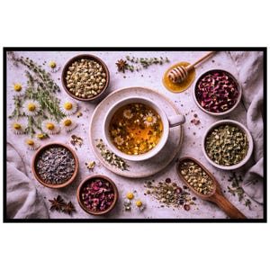 May include: A top-down shot of a tea arrangement. A cup of tea with chamomile flowers sits on a saucer, surrounded by small wooden bowls filled with herbs and spices, chamomile flowers, and a honey dipper.