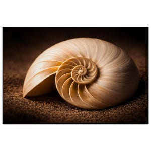 May include: A close-up of a nautilus shell, showcasing its spiral structure and natural beige color. The shell rests on a bed of fine, brown sand, with the background softly blurred.