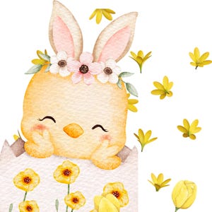 May include: A watercolour illustration of a yellow chick wearing bunny ears and a floral crown, emerging from a cracked egg. The image includes yellow flowers, Easter eggs, and the text "Easter Blessings" in a script font, on a white background.