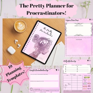 May include: A digital planner titled The Pretty Procrastinator featuring a purple watercolor illustration of a person with a bun. Includes templates like Gorgeous Brain Dump, Pretty Reflection Page, and Graceful Procrastination Page with pink accents.