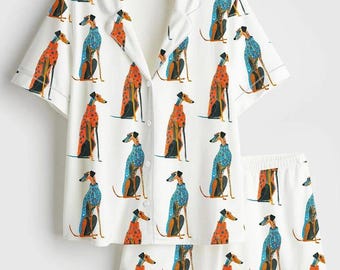 Women’s Greyhound Pajama Set, Dog Lover Short Sleeve Satin PJs, Greyhound Print Sleepwear, Pajama Gifts for Her, Pajama Family