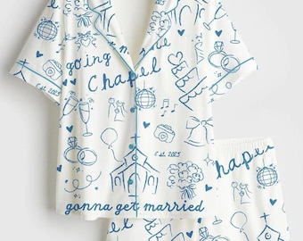 Satin Bachelorette Pajama Set, Wedding Art Print Sleepwear