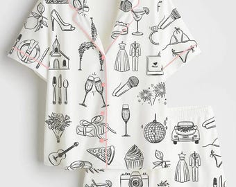 Wedding Timeline Satin Pajama Set, Hand Drawn Line Art Bridal Pjs, Custom Wedding Print Sleepwear, Long Sleeve Bridesmaid Gift