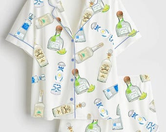 Tequila Bottles Watercolor Satin Pajama Set, Bar Cart Sleepwear For Her