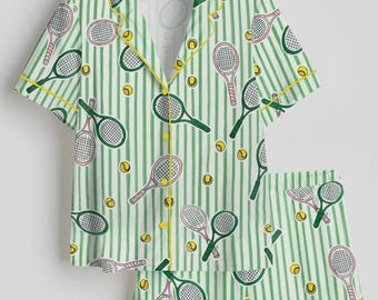 Tennis Print Satin Pajama Set, Green Pink Sleepwear