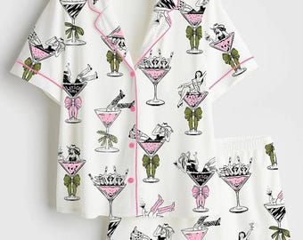 Girls Martini Pajama Set, Western Cowgirl Print Satin Sleepwear