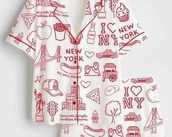 NYC Landmarks Satin Pajama Set, Big Apple Doodle Sleepwear