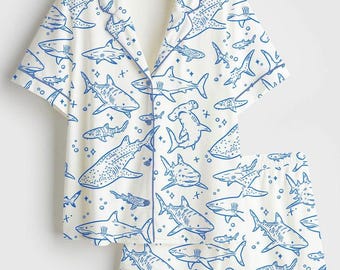 Dampyjamas med hajmönster och havstema, kortärmat, loungeset