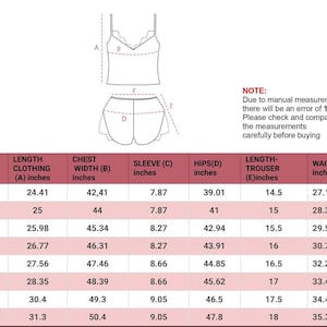 May include: Diagram of a two-piece lingerie set, with a camisole top and shorts. The image includes a size chart with measurements in inches, and a note about potential measurement errors of 1-3cm.