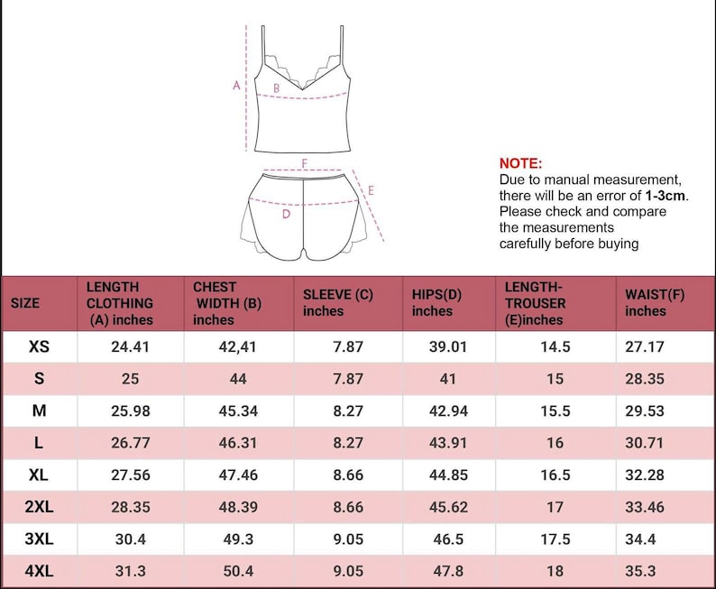 May include: Diagram of a two-piece lingerie set, with a camisole top and shorts. The image includes a size chart with measurements in inches, and a note about potential measurement errors of 1-3cm.
