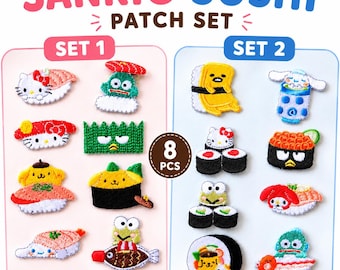 Sanrio Sushi Patch Set 1 or Set 2 | Iron-On & Sticker Embroidered Patches, Hello Kitty Pompompurin Cinnamoroll