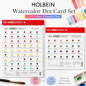 Könnte beinhalten: Ein Holbein Watercolor Dot Card Set mit 132 Farben. Das Set enthält zwei Karten mit Farbpunkten, einen Pinsel und den Text "108 Standardfarben" und "24 Granulierfarben". Das Set ist für Künstler konzipiert.