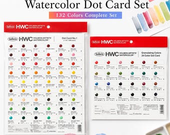 Puede incluir: Un juego de tarjetas de puntos de acuarela Holbein con 132 colores. El juego incluye dos tarjetas con puntos de color, un pincel y el texto "108 colores estándar" y "24 colores granulados".