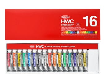 Puede incluir: Un juego de cajas rojas de acuarelas Holbein Artists', que contiene 16 tubos de pintura. La caja tiene el nombre de la marca y la información del producto impresa. Los tubos de acuarela están dispuestos en una fila, con un bloque blanco a la derecha.