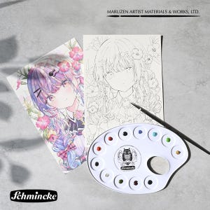 May include: A colourful illustration of a girl with purple hair and flowers, alongside a black and white sketch. A white Schmincke paint palette with various colours and a paintbrush are also present.