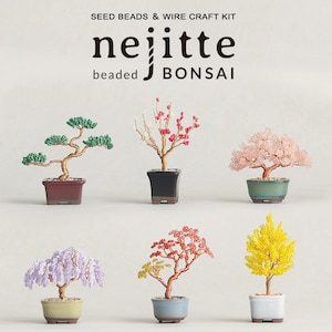 May include: A craft kit featuring six beaded bonsai trees in various colors. The trees are in small pots and include green, pink, red, yellow, and purple beaded designs. The text "nejitte beaded bonsai" is at the top.