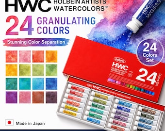 Puede incluir: Un juego de acuarelas Holbein Artists' rojo con 24 colores granulados. La caja incluye tubos de acuarela y una carta de colores. El texto en la caja dice "Stunning Color Separation" y "Made in Japan."