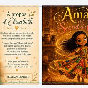 May include: Illustration of a woman with glasses and a green suit holding a book with glowing pages, next to a book cover with the title "Amara et le Secret du Coeur". The book cover features a girl in a colorful dress.