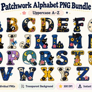 Moon stitched Patchwork Alphabet PNG Bundle | Editable in Canva | Whimsical Gothic Letters & Numbers