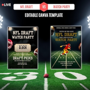 Op de afbeelding: Twee NFL Draft Watch Party-uitnodigingen op een groene voetbalveldachtergrond. De uitnodigingen bevatten tekst, voetbalafbeeldingen en de woorden "NFL Draft Watch Party". De uitnodigingen zijn bewerkbare Canva-sjablonen.