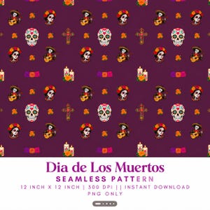 May include: A seamless pattern on a dark purple background featuring repeating illustrations of sugar skulls, skeletons playing guitars, ornate crosses, lit candles with orange flowers, and marigold blossoms. Text reads: Dia de Los Muertos SEAMLESS PATTERN 12 INCH X 12 INCH | 300 DPI || INSTANT DOWNLOAD PNG ONLY