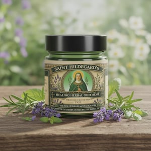 Pode incluir: Um frasco de vidro verde com tampa preta, rotulado "Saint Hildegard's Healing Herbal Ointment". O rótulo apresenta uma ilustração de uma mulher em um vestido verde. O frasco é cercado por ramos de ervas e flores roxas.