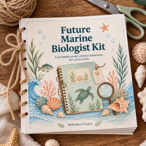 May include: A square booklet titled Future Marine Biologist Kit: A printable ocean science adventure for curious kids. The cover features illustrations of a sea turtle, shells, coral, and a magnifying glass. The booklet is bound with brown twine.
