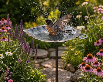 Outdoor Copper Bird Bath, Hammered Leaf Bowl with Iron Stake
