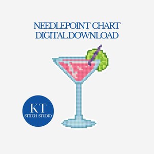 May include: Digital needlepoint chart featuring a pixelated pink cocktail in a martini glass with a lime wedge and straw. The text "NEEDLEPOINT CHART DIGITAL DOWNLOAD" is above the cocktail. A blue circle with "KT STITCH STUDIO" is in the lower left.